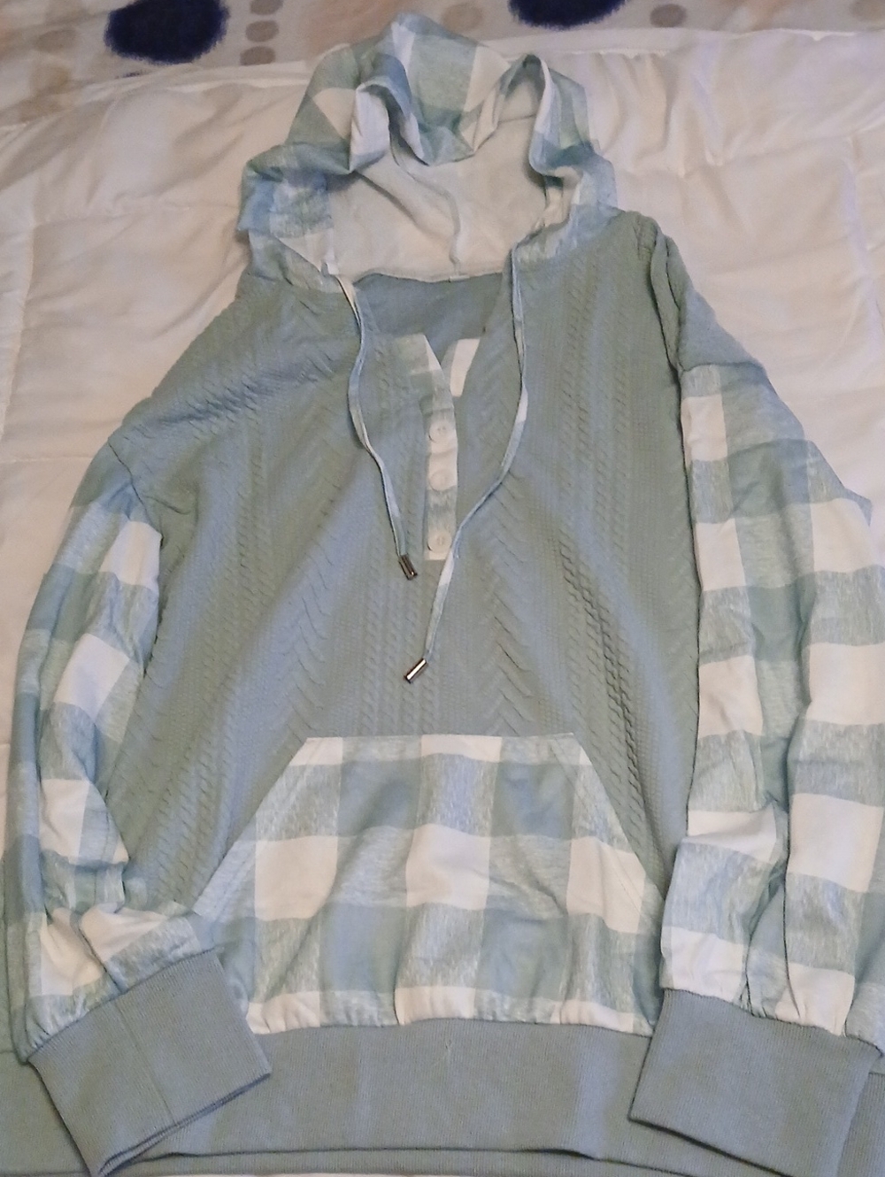 Light Sage Green Hooded Pullover with White Check Accents